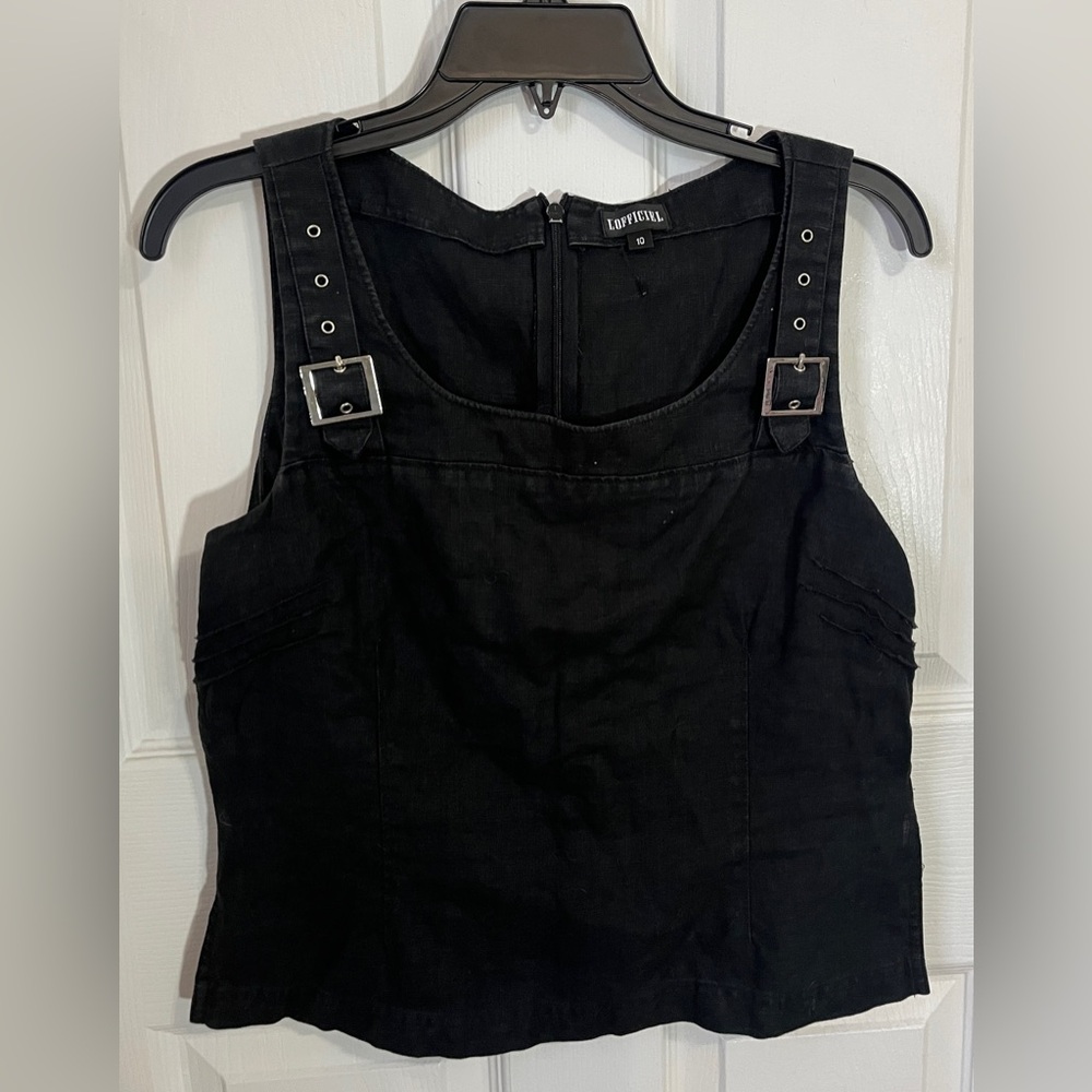 Vintage L’OFFICIEL 100% Linen Sleeveless Black Top with Strap Buckles